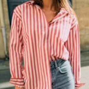 Sezane Max Blouse in Red and Ecru (White) Cotton Poplin, Size 6, Like New